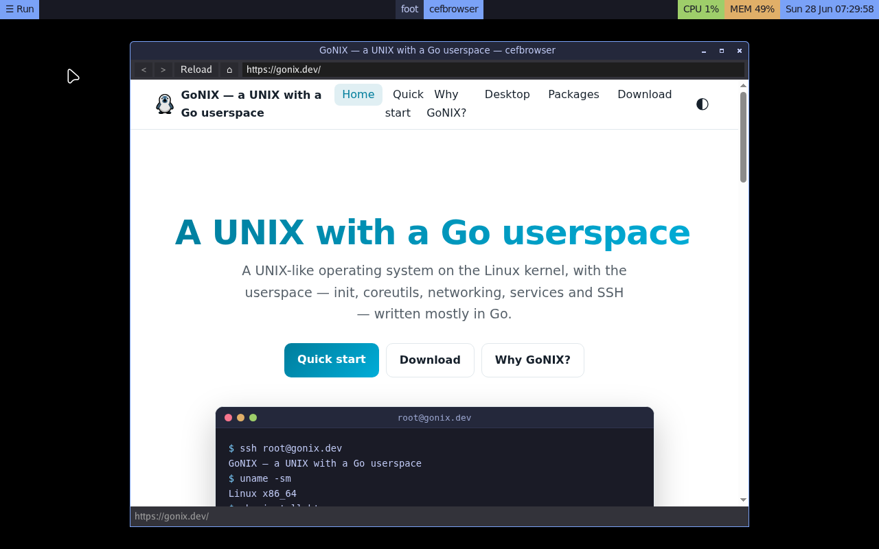 GoNIX's cefbrowser rendering the live gonix.dev site on the labwc desktop: a Chromium-rendered page in a browser window, with the yambar panel above.